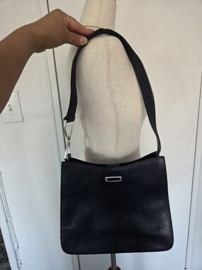 Lauren Ralph Lauren Black Pebbled Shoulder Bag with Wide Strap and Silver Accent